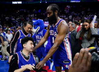 76ers’ Harden visits with Michigan State shooting victim