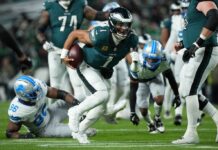 El único touchdown de Jalen Hurts lleva a Eagles a victoria 16-9 sobre Lions