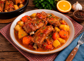 Costillas de cerdo a la naranja con verdura